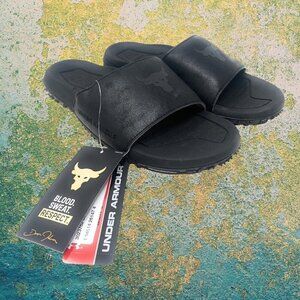 Mens Sz 9 Under Armour UA‎ Project Rock Black Slides / Brahma Bull The Rock New